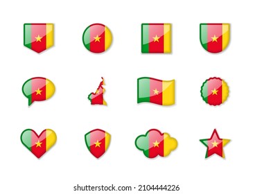Cameroon - set of shiny flags of different shapes. Vector illustration