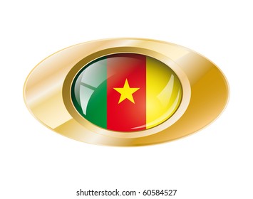Cameroon shiny button flag with golden ring vector illustration. Isolated abstract object against white background.