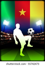 Cameroon Soccer Player on Stadium Background with Flag Original Illustration
