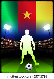 Cameroon Soccer Player on Stadium Background with Flag Original Illustration
