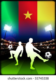 Cameroon Soccer Player on Stadium Background with Flag Original Illustration