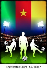 Cameroon Soccer Player on Stadium Background with Flag Original Illustration