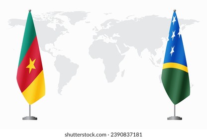 Cameroon and Solomon Islands flags for official meeting against background of world map.