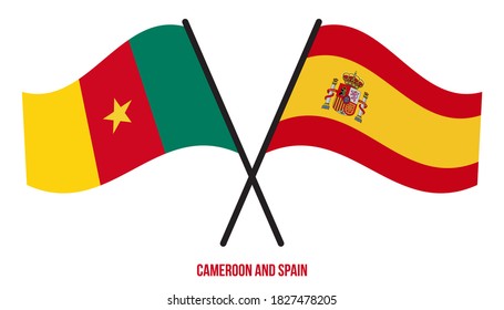 Kamerun und Spanien Flaggen überquert und schwingen flatter Stil. Offizieller Anteil. Korrigieren Sie Farben.