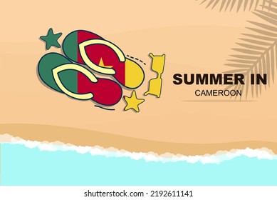 Kameruner Sommerferien-Vektorbanner, Beach-Urlaubskonzept, Flip-Flops-Sonnenbrillen auf Sand, Kopienraum-Bereich, Kamerun Sommerreisen und Tourismus-Idee mit Flagge