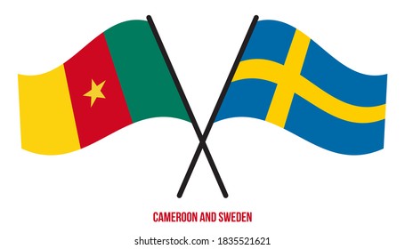 Cameroon and Sweden Flags Crossed And Waving Flat Style. Official Proportion. Correct Colors.