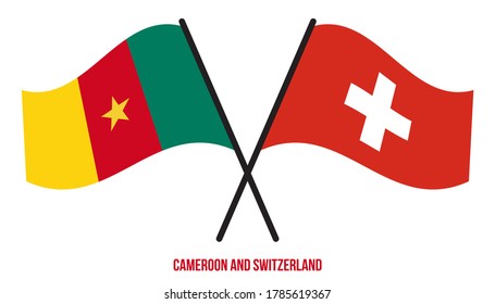 Cameroon and Switzerland Flags Crossed And Waving Flat Style. Official Proportion. Correct Colors.