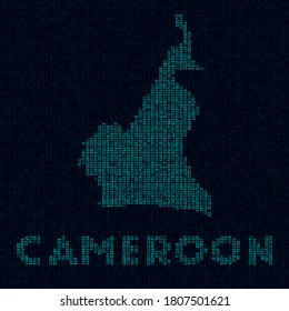 Mapa tecnológico de Camerún. Símbolo de país de estilo digital. Cibermapa de Camerún con el nombre del país. Potente ilustración vectorial.