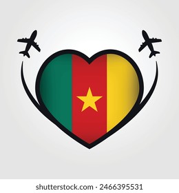 Cameroon Travel Heart Flag With Airplane Icons