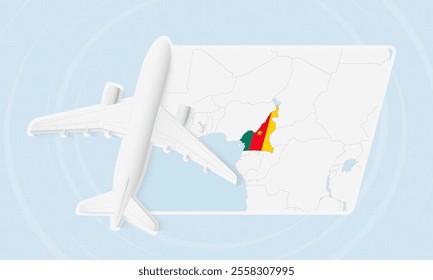 Cameroon Travel Illustration with Plane and National Flag. Ideal for travel agencies, promotional materials, or geographic content related to Cameroon.