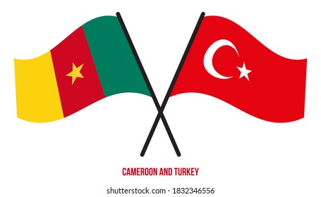 Cameroon and Turkey Flags Crossed And Waving Flat Style. Official Proportion. Correct Colors.