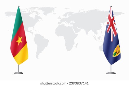 Cameroon and Turks and Caicos flags for official meeting against background of world map.