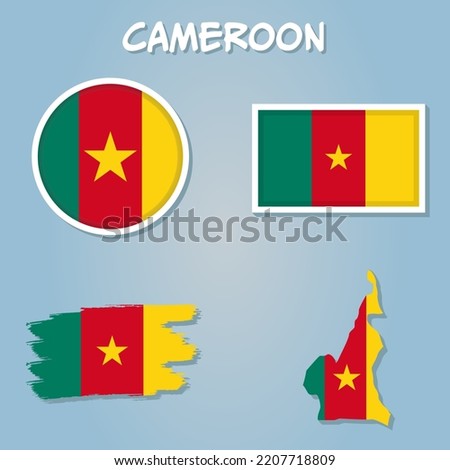 Cameroon vector set. Detailed country shape with region borders, flags and icons.