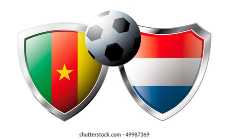 Cameroon versus Netherlands abstract vector illustration isolated on white background. Shiny football shield of flag Cameroon versus Netherlands