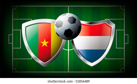 Cameroon versus Netherlands abstract vector illustration isolated on white background. Soccer match in South Africa 2010. Shiny football shield of flag Cameroon versus Netherlands