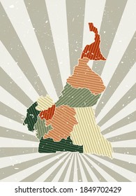 Cameroon vintage map. Grunge poster with a map of the country in a retro color palette. The shape of Cameroon is highlighted with sunburst rays in the background. Vector illustration.