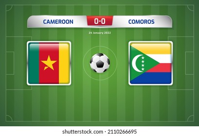 Cameroon vs Comoros scoreboard broadcast template for sport soccer africa tournament 2021 Round of 16 and football championship in cameroon vector illustration