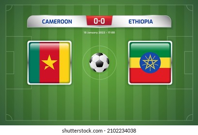 Cameroon vs Ethiopia scoreboard broadcast template for sport soccer africa tournament 2021 Group A and football championship in cameroon vector illustration