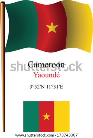 cameroon wavy flag and coordinates against white background, vector art illustration, image contains transparency