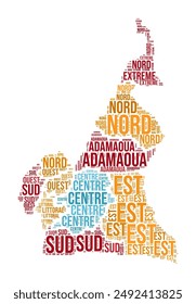 Cameroon Word Cloud. Country shape with region division. Cameroon typography style image. Region names tag clouds. Vector illustration.