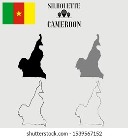 Cameroon Yaounde outline world map, solid, dash line contour silhouette, national flag original proportion, vector illustration design, isolated on background, objects, symbol from countries set