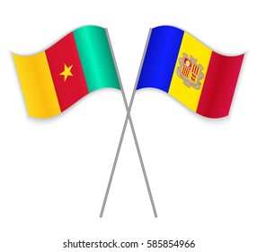 Cameroonian and Andorran crossed flags. Cameroon combined with Andorra isolated on white. Language learning, international business or travel concept.