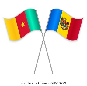 Cameroonian and Moldovan crossed flags. Cameroon combined with Moldova isolated on white. Language learning, international business or travel concept.