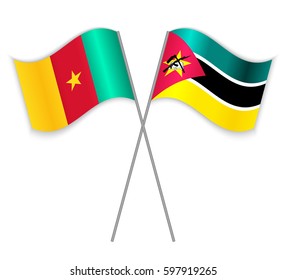 Cameroonian and Mozambican crossed flags. Cameroon combined with Mozambique isolated on white. Language learning, international business or travel concept.