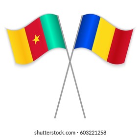 Cameroonian and Romanian crossed flags. Cameroon combined with Romania isolated on white. Language learning, international business or travel concept.