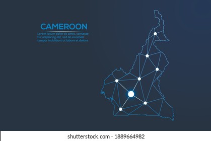Cameroun communication network map. Vector low poly image of a global map with lights in the form of cities. Map in the form of a constellation, mute and stars.
