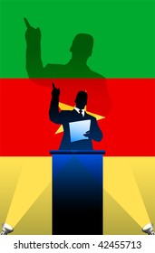 Camerun flag with political speaker behind a podium  Original vector illustration. Ideal for national pride concepts.