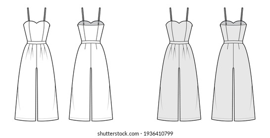 Cami jumpsuits culotte overall technical fashion illustration with ankle length, normal waist, double pleats, strap, fitted body. Flat front back, white, grey color style. Women, men unisex CAD mockup