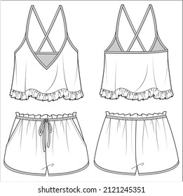 CAMI AND SHORTS FLAT SKETCH OF NIGHTWEAR SET FOR WOMEN AND TEEN GIRLS IN EDITABLE VECTOR FILE