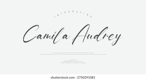 Camila Audrey, Hand drawn vector alphabet. Modern monoline signature script font. Elegant Signature Font. Best Alphabet Beautiful Calligraphy Signature Font
