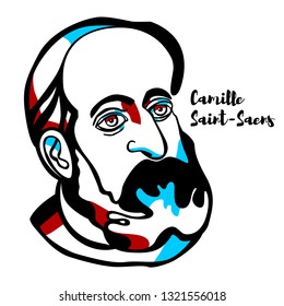 Camille Saint-Saens engraved vector portrait with ink contours. French composer, organist, conductor and pianist of the Romantic era.