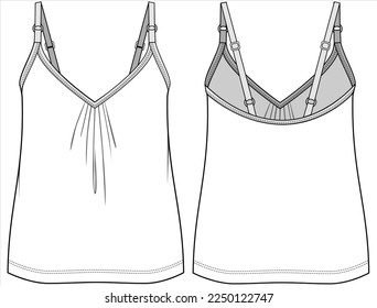 CAMI,NIGHTWEAR TOP WITH FRONT GATHERS AND ADJUSTABLE STRAP  DETAIL FOR  WOMEN AND TEEN GIRLS IN EDITABLE VECTOR FILE