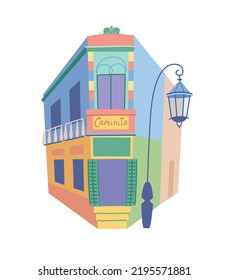 Caminito la Boca, a bright multicolored house in an alley located in Buenos Aires, Argentina. Vector image in flat style, isolated background