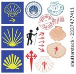 Camino de Santiago Compostela in Spain: set of stamps and symbols, marian shell, pilgrim route