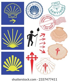Camino de Santiago Compostela en España: conjunto de sellos y símbolos, concha de marihuana, ruta de peregrinos