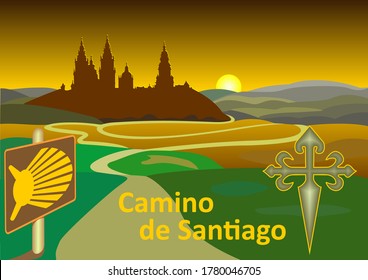 Camino de Santiago – in English The way to Santiago, the traditional pilgrimage known also as the St. James Way. The poster depicts the countryside at dawn with the silhouette of St. James Cathedral