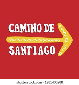 Camino de Santiago. Vector lettering. Yellow arrow with ornament