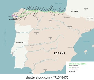 Camino del Norte map. Camino De Santiago or The Way of St.James. Ancient pilgrimage path to the Santiago de Compostella on the north of Spain.