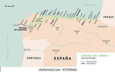 Camino del Norte map. Camino De Santiago or The Way of St.James. Ancient pilgrimage path to the Santiago de Compostella on the north of Spain.