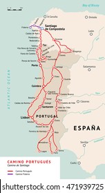 Camino Portugues map. Camino De Santiago or The Way of St.James. Ancient pilgrimage path from south of Portugal to the Santiago de Compostella.