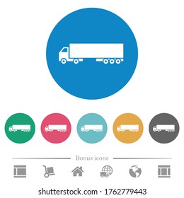 Camion flat white icons on round color backgrounds. 6 bonus icons included.