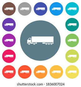 Camion flat white icons on round color backgrounds. 17 background color variations are included.