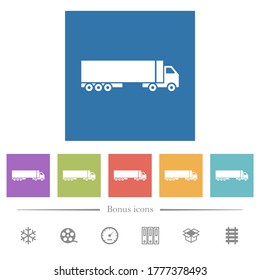 Camion flat white icons in square backgrounds. 6 bonus icons included.