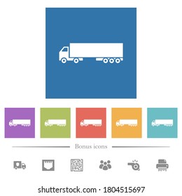 Camion flat white icons in square backgrounds. 6 bonus icons included.