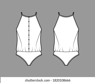 Ilustración de moda técnica Camisole bodysuit con ajuste relajado, correas delgadas, racerback, fila de botones. Ropa plana de una sola pieza de la plantilla de ropa delantera, trasera, color blanco. Mujeres hombres unisex top mockup