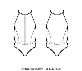 Ilustración de moda técnica Camisole bodysuit con ajuste relajado, correas delgadas, racerback, fila de botones. Ropa plana de una sola pieza de la plantilla de ropa delantera, trasera, color blanco. Mujeres hombres unisex top mockup